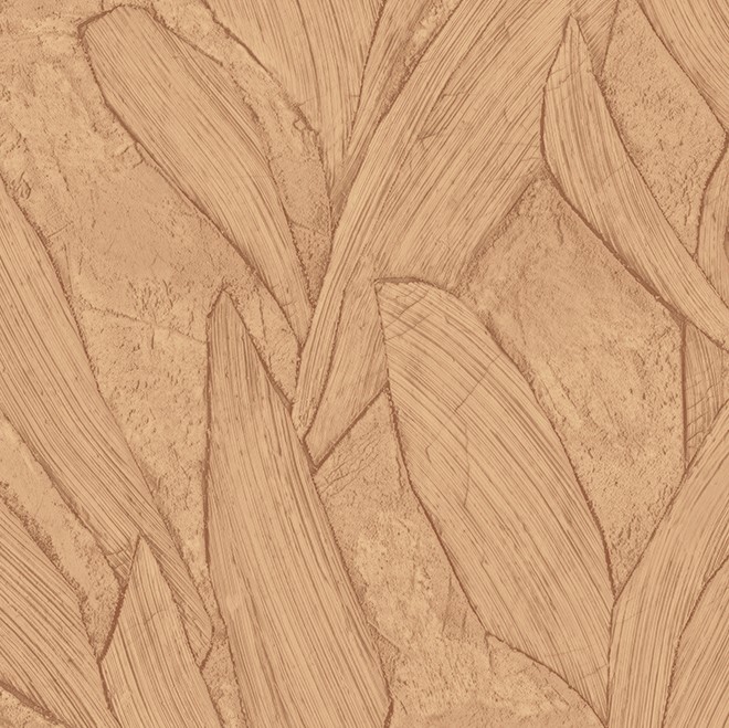 Behang met een natuur geïnspireerd patroon van grote, abstracte bladeren in een warme beige tint.