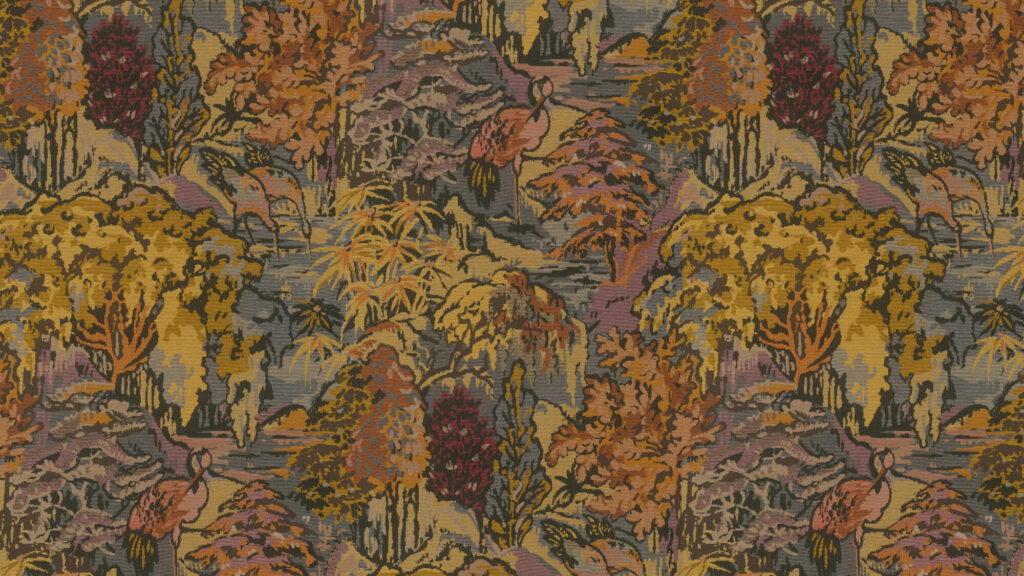 Decoratief Arte-behang Riverbank 90517 met een patroon van kleurrijke bomen, ooievaars en herten in een herfstachtig landschap.