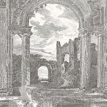 Gedetailleerde tekening van klassieke ruïnes met zuilen en een poort, afkomstig van het Arte-behang Rovine Buningh 42560.