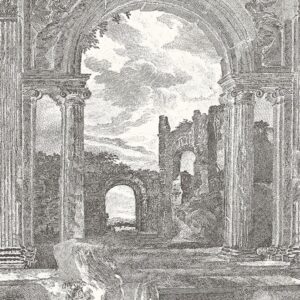 Gedetailleerde tekening van klassieke ruïnes met zuilen en een poort, afkomstig van het Arte-behang Rovine Buningh 42560.