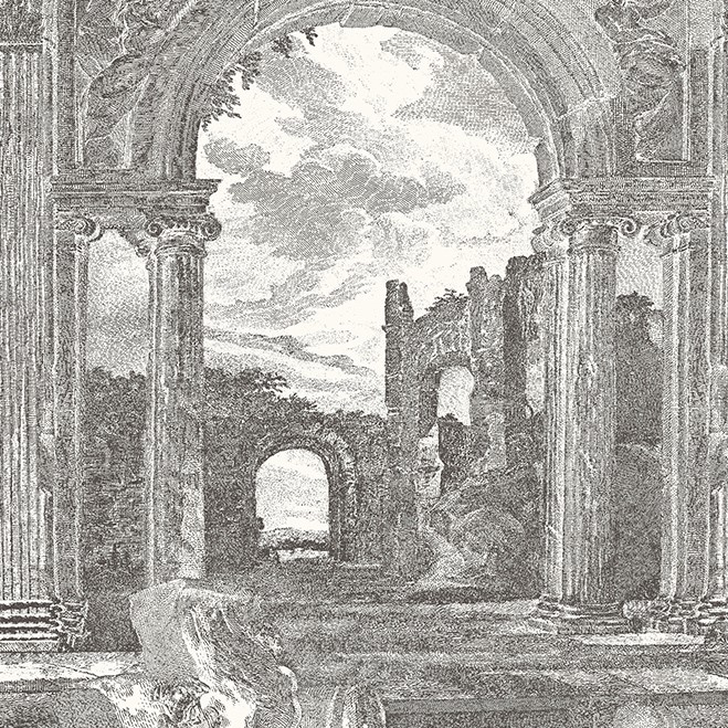 Gedetailleerde tekening van klassieke ruïnes met zuilen en een poort, afkomstig van het Arte-behang Rovine Buningh 42560.