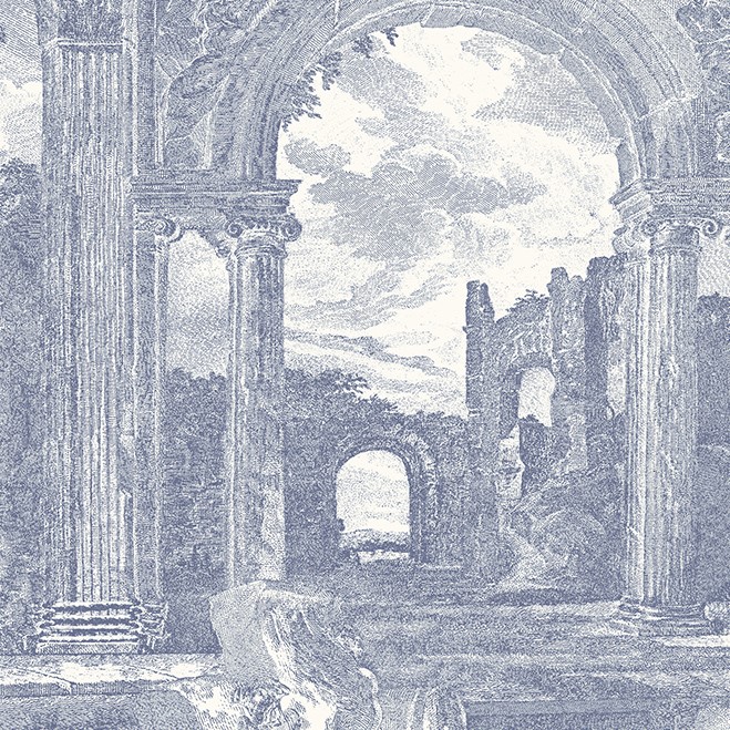 Gedetailleerde illustratie van klassieke ruïnes met zuilen, bogen en natuur op het behangontwerp Arte Rovine Buningh 42561.