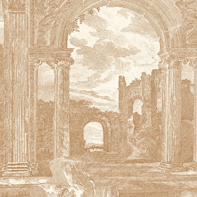 Klassiek ogend behang met een getekende scène van ruïnes en pilaren in sepia-stijl.