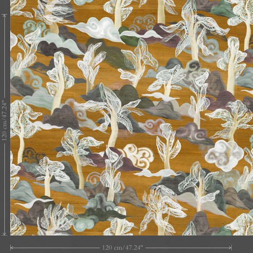 Decoratief Arte-behang Saranda 11541 met amberkleurige achtergrond en gestileerd boslandschap in zachte tinten.