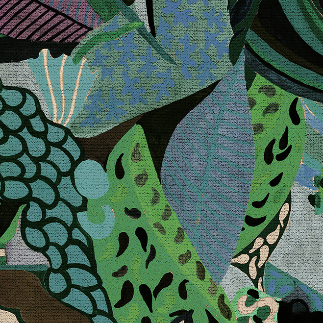 Gedetailleerde tropische bladeren in levendige kleuren op het Arte behang uit de Terra Tropicana collectie.