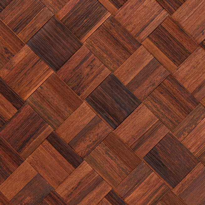 Detail van Arte behang Tinto 48000 in de kleur Cinnamon uit de Les Forêts collectie met een geometrisch houten vlechtpatroon.