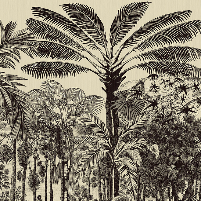 Gedetailleerde tekening van een tropisch oerwoud met palmbomen uit het Arte-behang Valle de Viñales.
