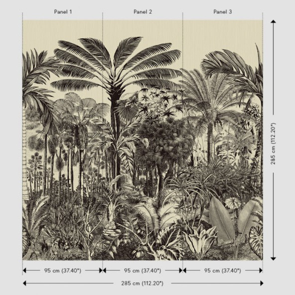 Zwart-wit behangpaneel met een gedetailleerde illustratie van een tropisch oerwoud uit de Valle de Viñales.