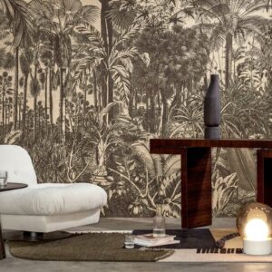 Sfeervolle woonkamer met Arte-behang Valle de Viñales Black Magic met jungleprint uit de Décors & Panoramiques collectie.