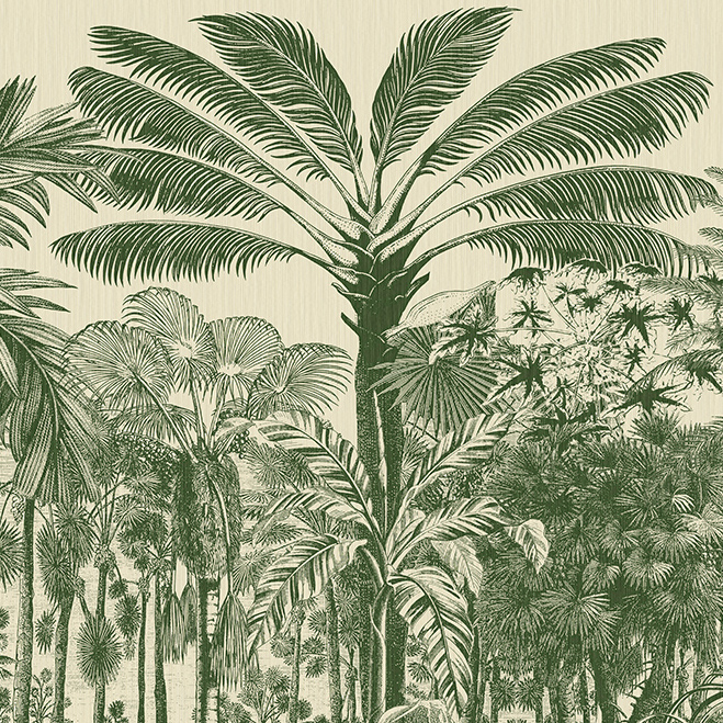 Gedetailleerde illustratie van tropische vegetatie uit het Arte-behang Valle de Viñales uit de Decors & Panoramiques collectie.