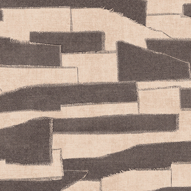 Beige Arte Costura Gabarit behang met abstract patroon van overlappende donkere stofbanen.