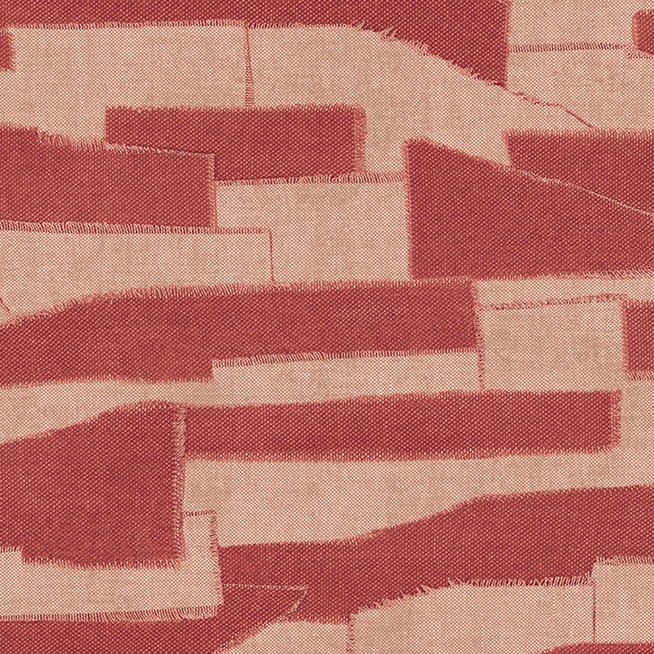 Rood Arte-behang uit de Costura-collectie met een gelaagd patroon van stofachtige rechthoeken en ruwe randen.