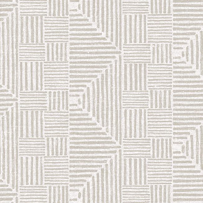 Beige Arte Essentials Travellers Macrame 11002 behang met een geometrisch patroon van lijnen en blokken.