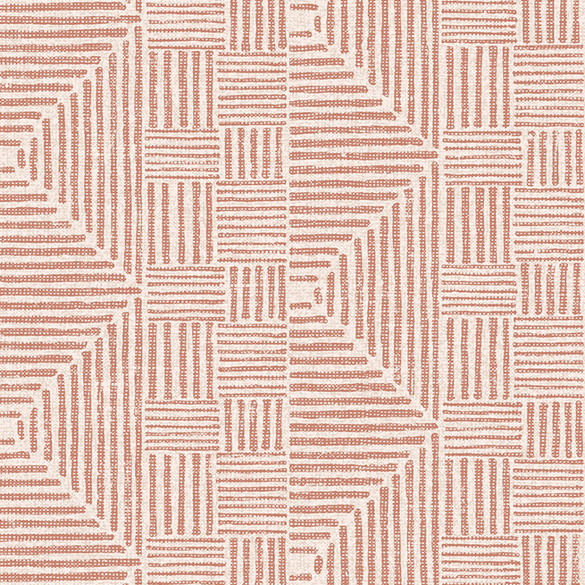 Beige behang met een geometrisch macramé-patroon in roodbruine lijnen uit de Arte Essentials Travellers collectie.