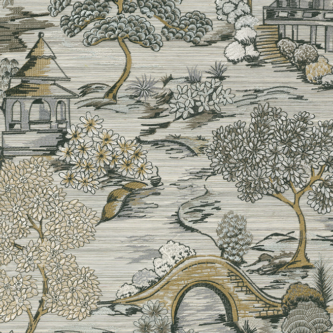 Illustratief behangontwerp uit de Arte-collectie "Gardens of Okayama" met een Japans geïnspireerd landschap met bomen, bruggen en paviljoens.