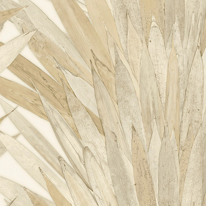 Decoratief behang van Arte uit de Abanico-collectie met een patroon van waaiervormige, natuurlijke bladvormen in beige en zandtinten.
