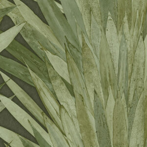 Groen behang van Arte uit de Abanico-collectie met een patroon van overlappende, abstracte bladeren.
