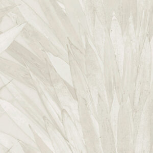Lichtbeige Arte behang Abanico 34002 met abstract patroon van overlappende bladachtige vormen.