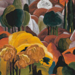 Kleurrijk behang met gestileerd landschap van cipressen en glooiende heuvels in warme tinten.