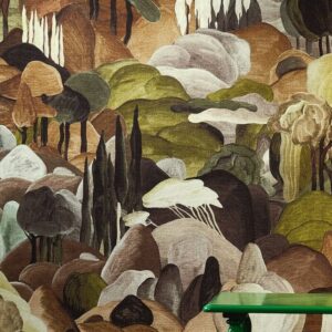 Sfeervol Arte-behang met kleurrijk fantasie-landschap van cipressen en heuvels in natuurlijke tinten.
