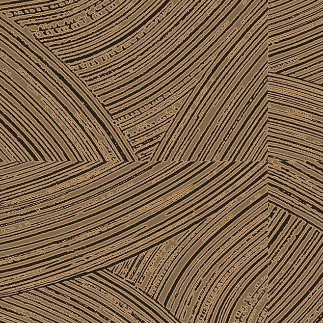 Bruin behang van Arte uit de Arado 66000-collectie met een grafisch patroon van golvende, gestreepte lijnen.