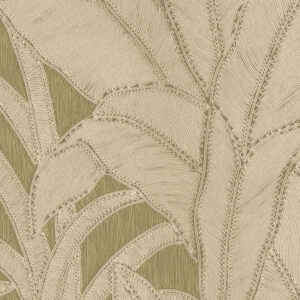 Beige Arte behang Botanic 64500 met een geborduurd bladpatroon op een groene achtergrond.
