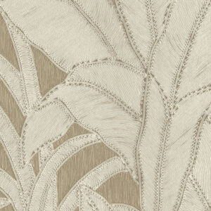 Beige botanisch Arte-behang met een reliëfpatroon van grote tropische bladeren.