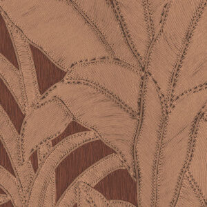 Close-up van het Arte behang Botanic 64502 met een textuur van koperkleurige, geborduurde bladeren op een donkerbruine achtergrond.