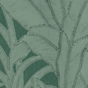 Groen Arte behang uit de Botanic 64504-1 collectie met een reliëfstructuur van grote tropische bladeren.