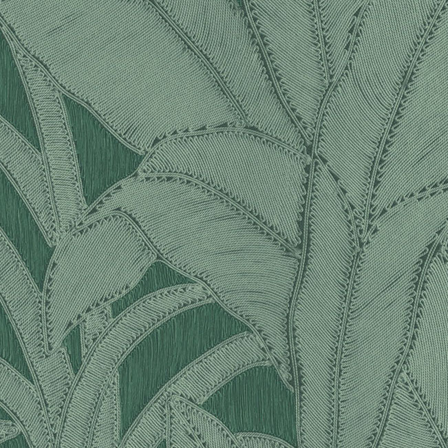 Groen Arte behang uit de Botanic 64504-1 collectie met een reliëfstructuur van grote tropische bladeren.