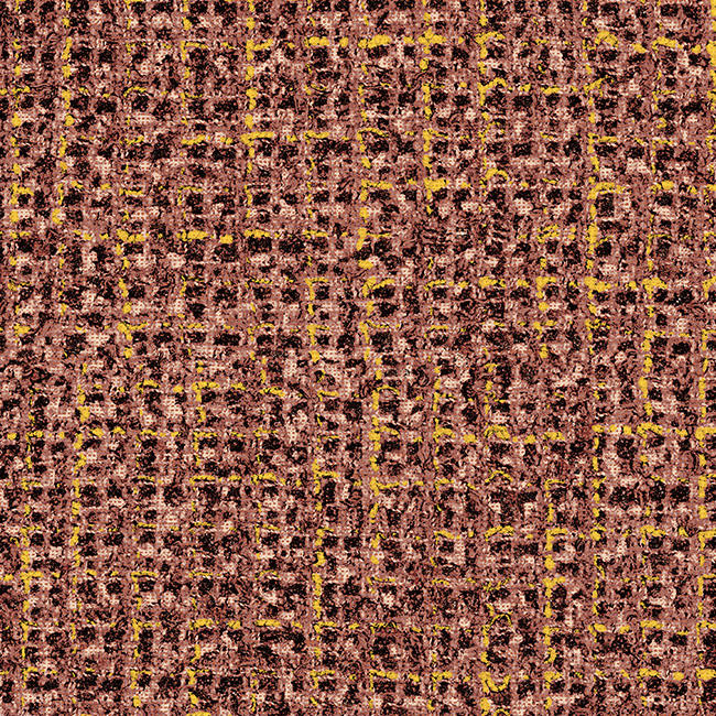 Textuur van Arte behang Cashmere 73062 met een geweven patroon in roze, bruin en gele accenten.
