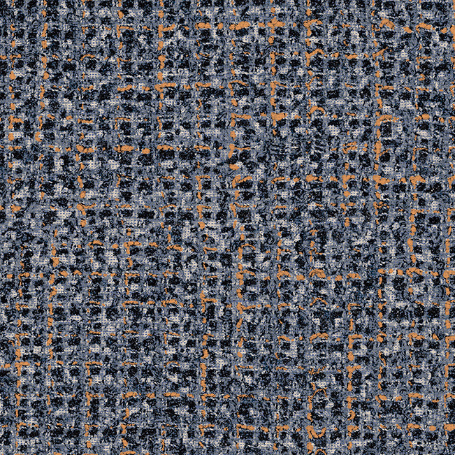 Textuur van Arte behang Cashmere 73063 met een blauw-grijs patroon en oranje accenten in een geweven structuur.
