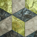 Detail van Arte Cubic 33701 behang met een 3D-patroon in groen, grijs en metallic tinten.
