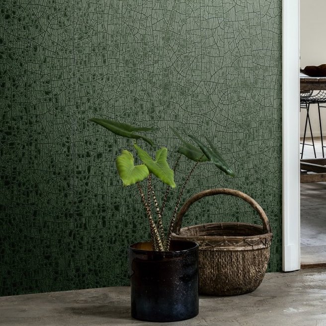 Groen Arte Emaille-behang met een reliëfstructuur, met een plant in een zwarte pot en een rieten mand op de vloer.