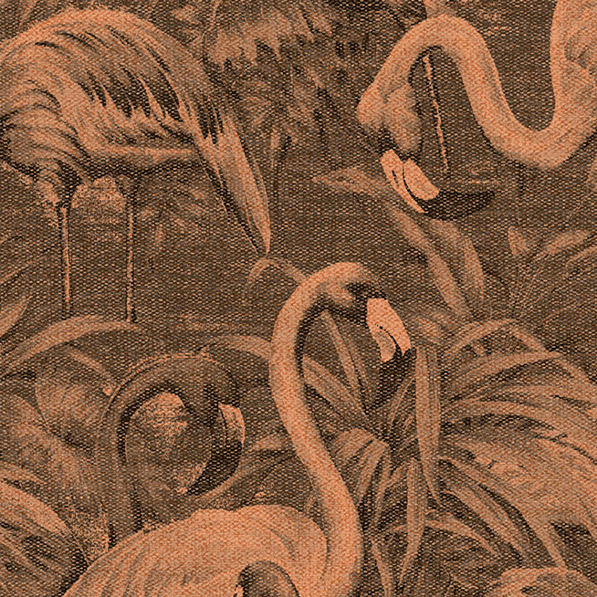 Illustratie van Andino-flamingo’s tussen weelderige tropische bladeren op gestructureerd behang.