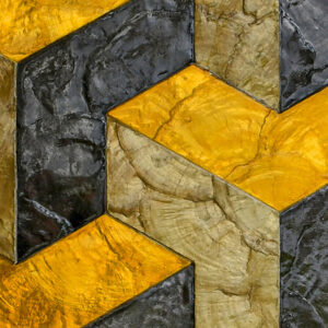 Close-up van Arte Helix 33721 behang met een 3D-patroon in geel, beige en zwart met houtstructuur.