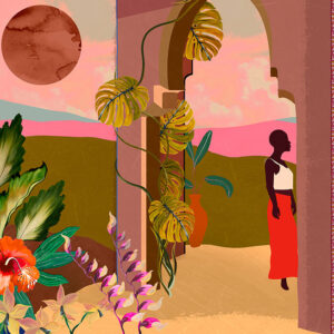 Illustratie van het Arte-behang ‘Les Mystères de Madagascar 97530’ met exotische planten, een vrouw onder een boog en een kleurrijk landschap.