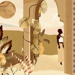 Illustratief behangontwerp uit de collectie "Les Mystères de Madagascar" van Arte, met een silhouet van een vrouw, tropische planten en een boogvormige doorgang in warme aardetinten.