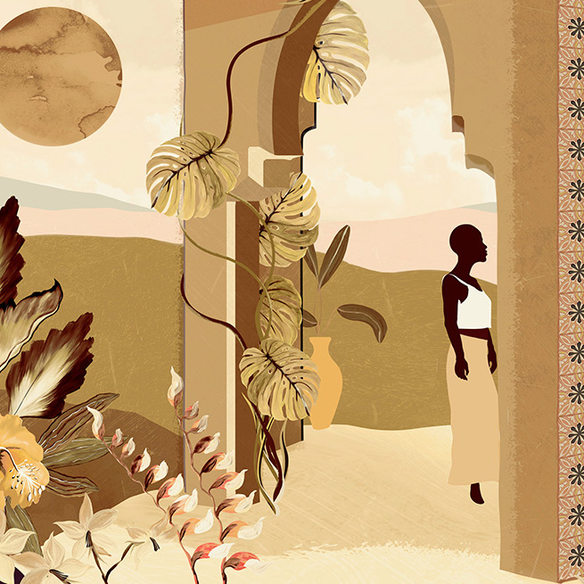 Illustratief behangontwerp uit de collectie "Les Mystères de Madagascar" van Arte, met een silhouet van een vrouw, tropische planten en een boogvormige doorgang in warme aardetinten.