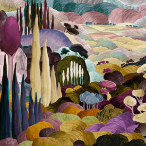 Kleurrijk en dromerig Toscaans fantasielandschap met abstracte bomen en heuvels uit het Arte-behang "Les Songes Toscans".