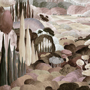 Schilderachtig behangdesign met fantasierijk Toscaans landschap in zachte, natuurlijke tinten uit de collectie Les Songes Toscans van Arte.
