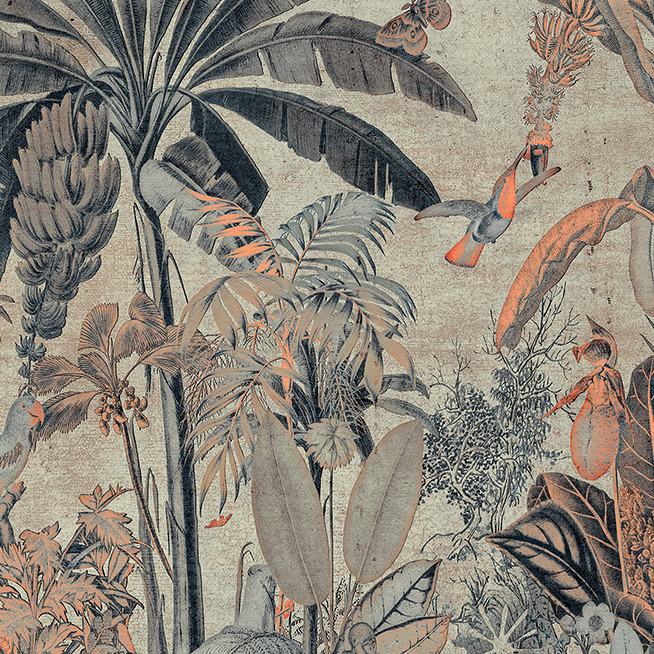 Tropisch kunstbehang uit de Arte Milk & Honey collectie met planten, vogels en insecten in een gedetailleerde vintage stijl.