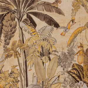 Illustratief Arte-behang “Milk and Honey 97631” met tropische planten, vogels en zachte aardetinten.