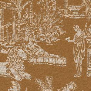 Wandbekleding met een klassiek Grieks mythologisch tafereel in wit op een bronzen achtergrond, met figuren, leeuwen en architectonische elementen.