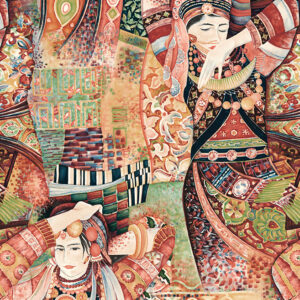 Kleurrijk behangpatroon uit de Arte Odisha Dance-collectie met sierlijk geklede dansfiguren en rijke, etnische motieven.