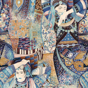 Gedetailleerd patroonbehang van Arte uit de Odisha Dance-collectie, met sierlijk geklede dansers in rijke blauw- en aardetinten.