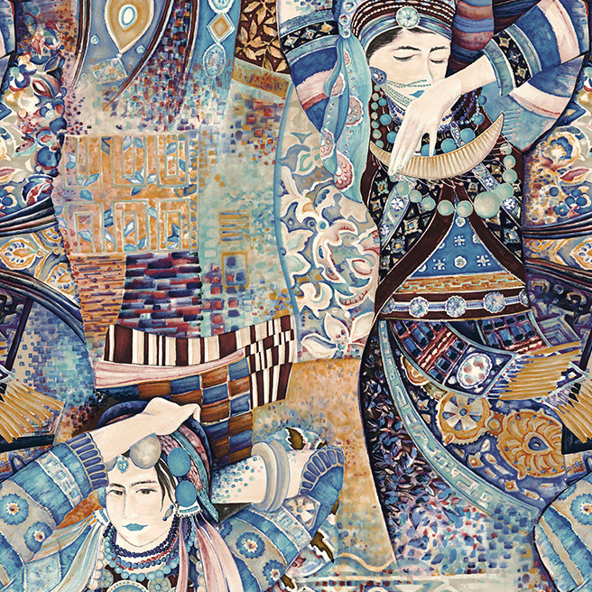 Gedetailleerd patroonbehang van Arte uit de Odisha Dance-collectie, met sierlijk geklede dansers in rijke blauw- en aardetinten.