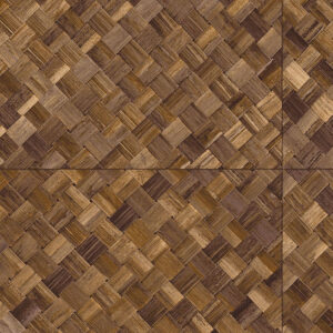 Close-up van Arte behang Pandan 34105 met een geweven structuur van bruine houttinten.
