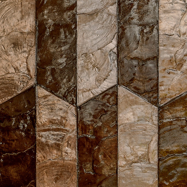 Close-up van Arte behang uit de Prisma 33711 collectie met een geometrisch patroon in aardetinten.