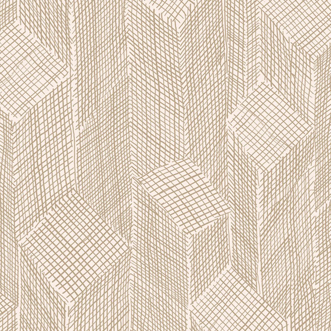Grafisch behangontwerp van Arte Shibam 66013 met een patroon van abstracte, kubusachtige gebouwen in beige lijnen op een lichte achtergrond.